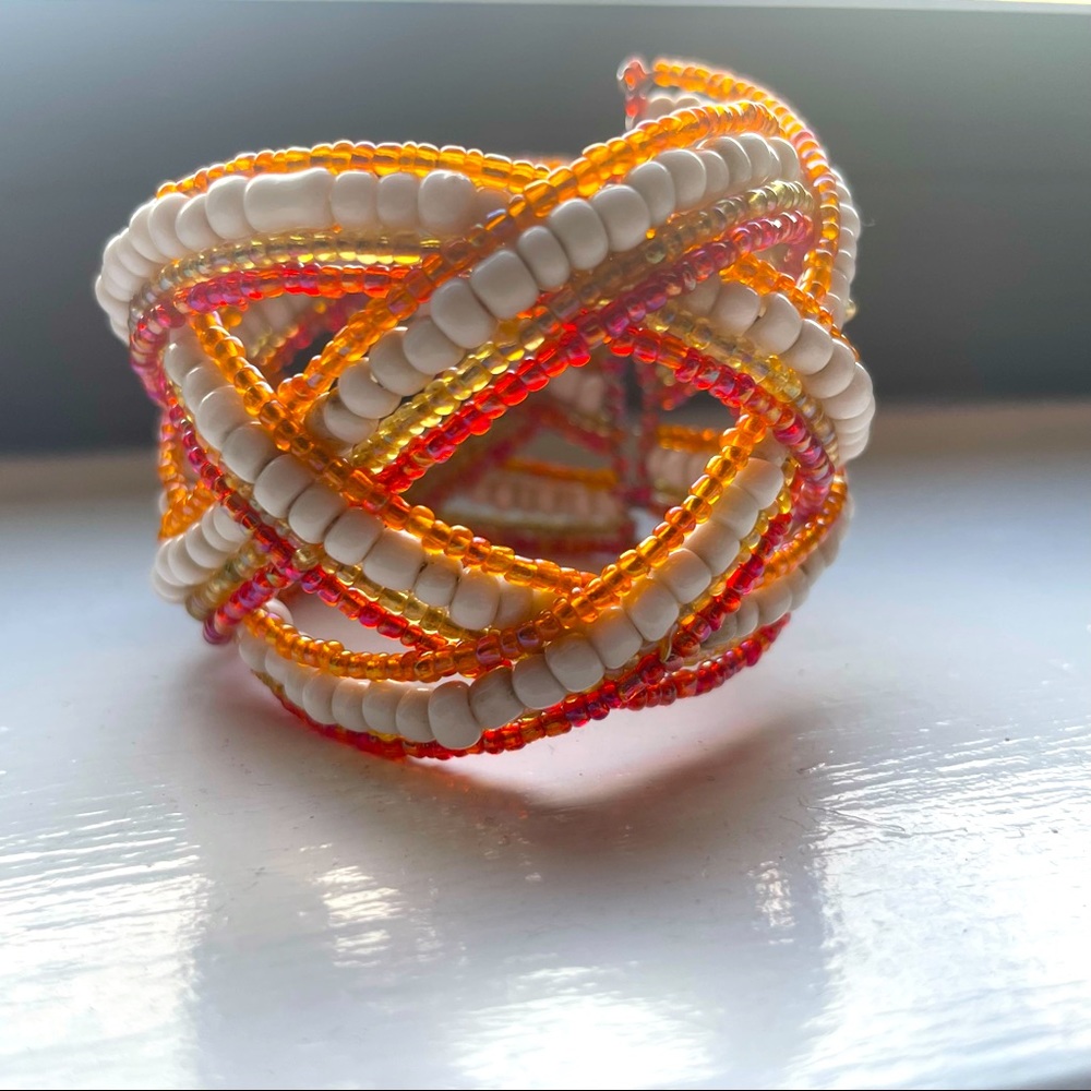 Multi-Colored Beaded Cuff Bracelet Orange, Pink & White NEW!